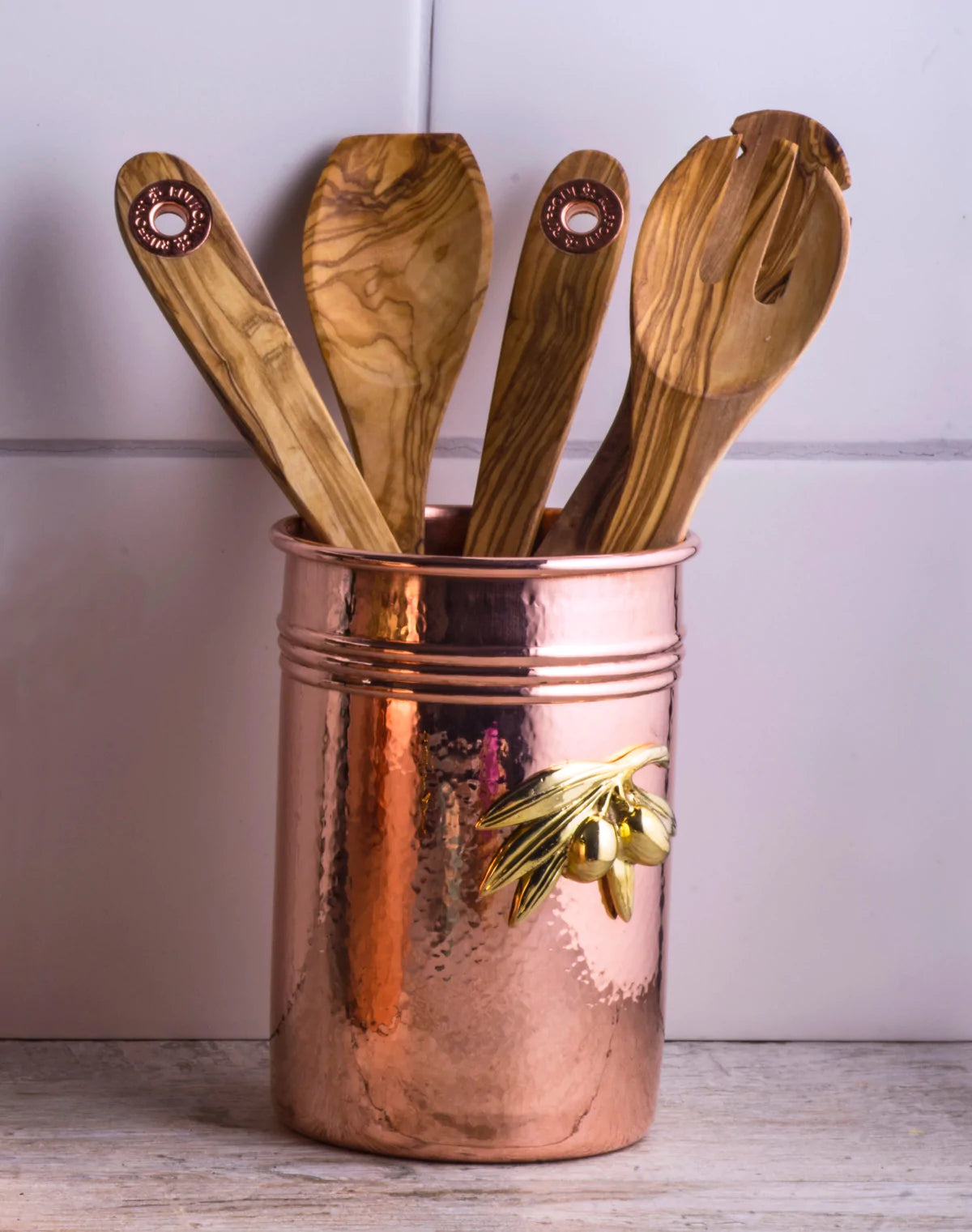 Ruffoni Copper utensil holder with 6pcs olive wood tool set